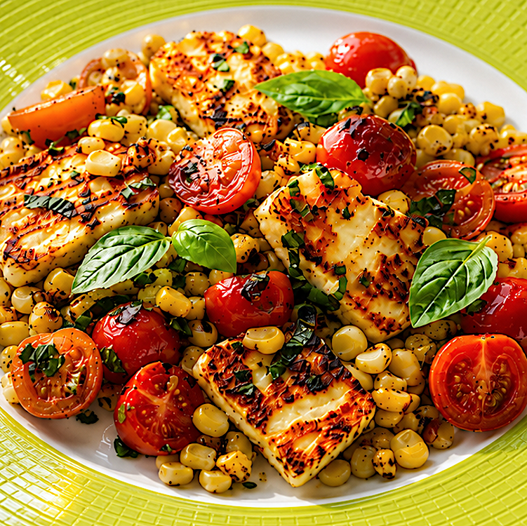 HALLOUMI WITH TOMATOES CORN & BASIL