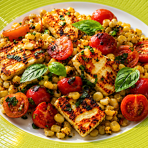 HALLOUMI WITH TOMATOES CORN & BASIL