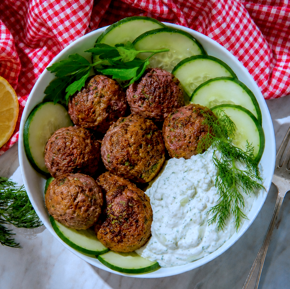 LAMB MEATBALLS + LEMONY TZATZIKI